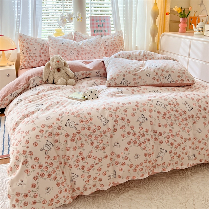 91家纺网 家纺一手货源 找家纺 多品 2024新款水洗棉双层纱四件套 玫瑰花园