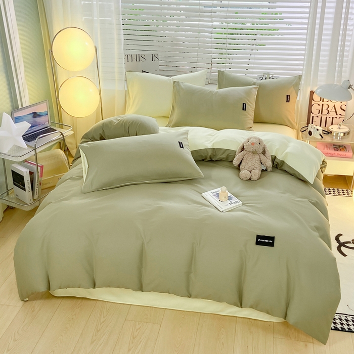 91家纺网 家纺一手货源 找家纺 黑马家居 2024新款双拼全棉四件套 灰绿+奶白