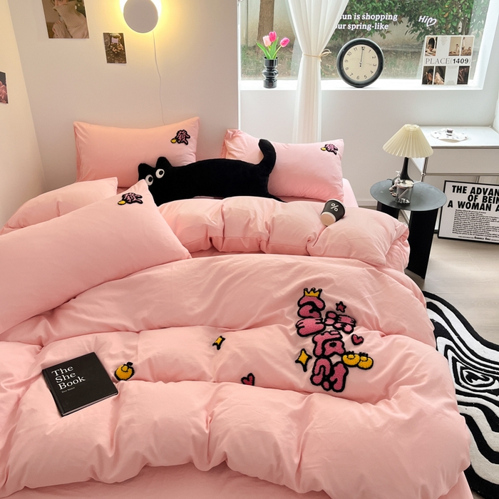 91家纺网 家纺一手货源 找家纺 耀达家居 2024新款ins毛巾绣水洗棉四件套 公主发财