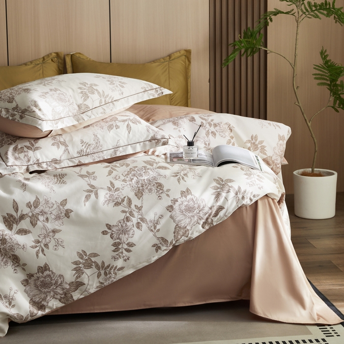 91家纺网 家纺一手货源 找家纺 怡家居 2024新款100支长绒棉印花四件套 花菲语-粉