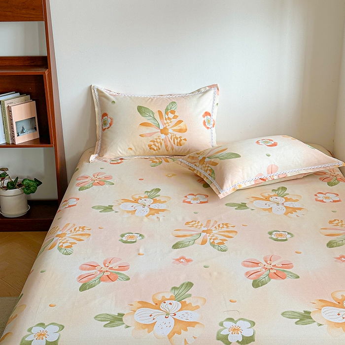 91家纺网 家纺一手货源 找家纺 萌宝老粗布毛绒玩具 2025新款原棉老粗布印花床单系列细纱帆布软凉席三枚段条花边款 向阳花