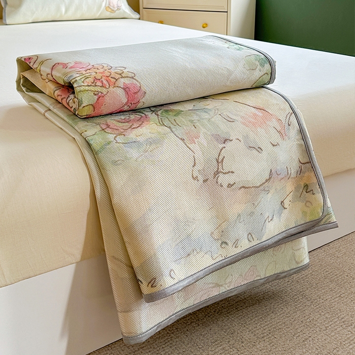 91家纺网 家纺一手货源 找家纺 萝莉家纺 2024新款大版印花冰丝凉席床席床笠款 送你一个春天-平席款