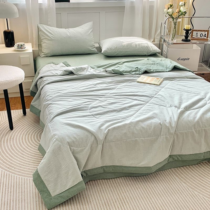 91家纺网 家纺一手货源 找家纺 水洗的故事2025新款A类色织水洗棉丝夏被四件套系列 密条绿