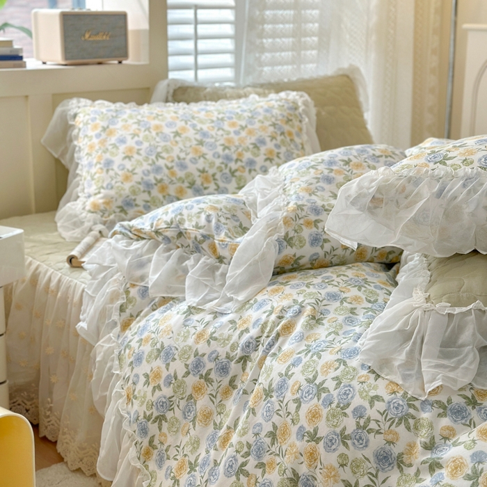 91家纺网 家纺一手货源 找家纺 淑女公社 2024春夏新款竹棉双层纱床裙款四件套-玫瑰庄园 玫瑰庄园 绿