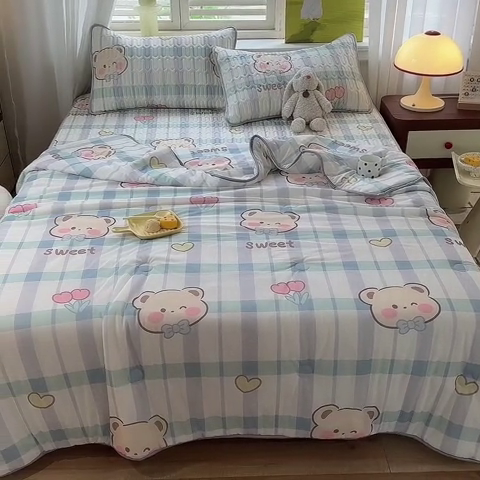 91家纺网 家纺一手货源 找家纺 慕澄家纺 2024新款小版印花0.5乳胶凉席夏被四件套 格子熊