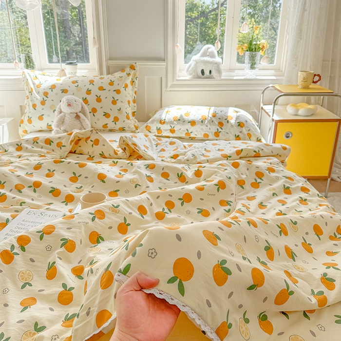 91家纺网 家纺一手货源 找家纺 创优家纺  2025新款A类皱皱纱小花边夏被 元气橘子