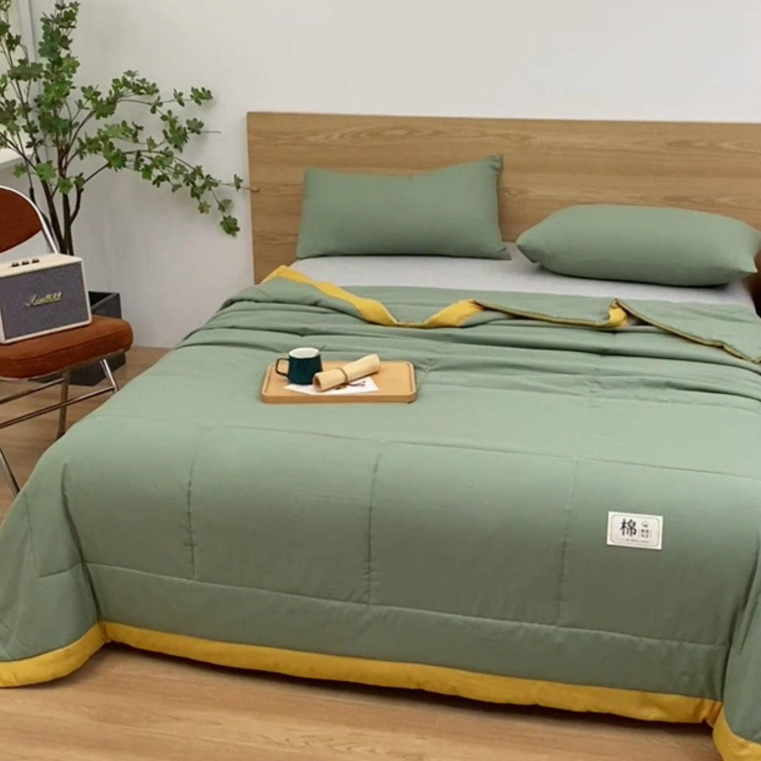 91家纺网 家纺一手货源 找家纺 猎鹿人家纺 2024新款纯色水洗棉纱棉花夏被 抹茶绿