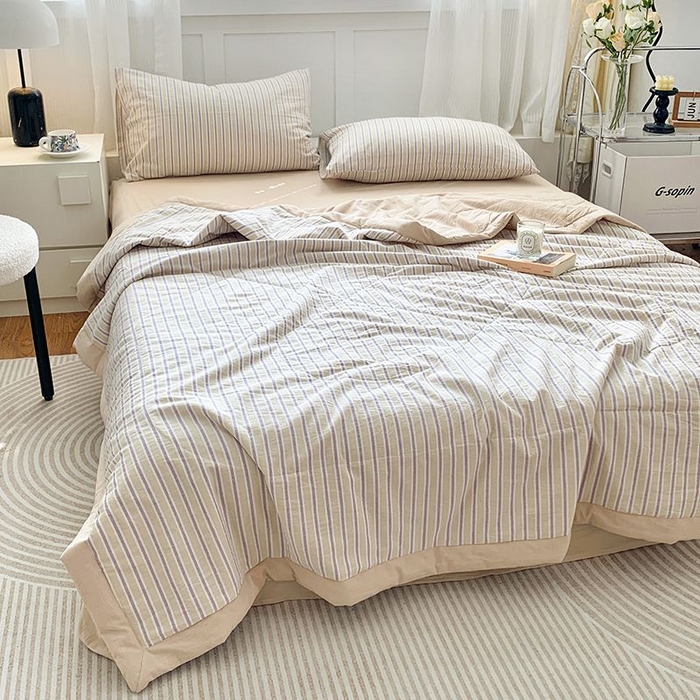 91家纺网 家纺一手货源 找家纺 水洗的故事2025新款A类色织水洗棉丝夏被四件套系列 紫米条