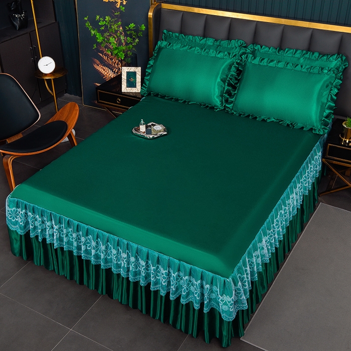 91家纺网 家纺一手货源 找家纺 艾裙海  2025新款纯色床裙款冰丝凉席 深情绿