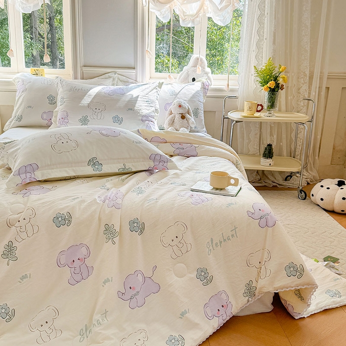 91家纺网 家纺一手货源 找家纺 创优家纺  2025新款A类皱皱纱小花边夏被 小象宝宝