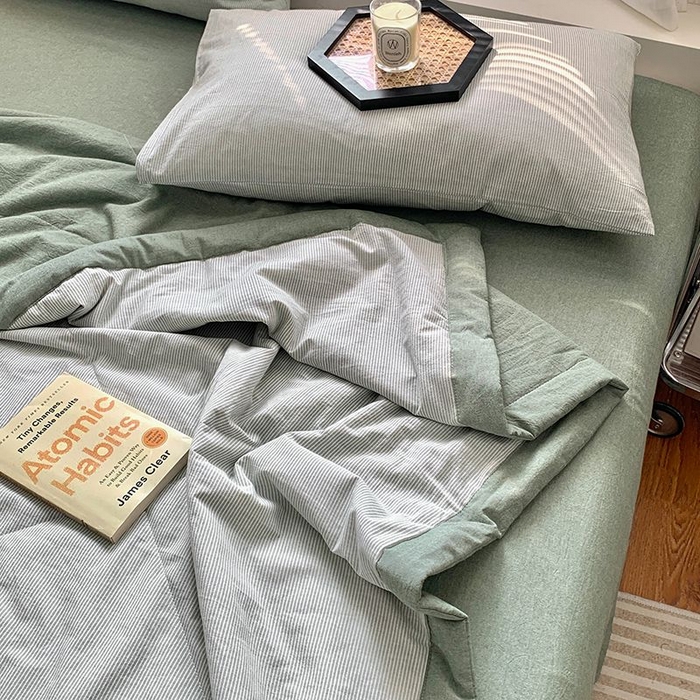 91家纺网 家纺一手货源 找家纺 水洗的故事2025新款A类色织水洗棉丝夏被四件套系列 密条绿