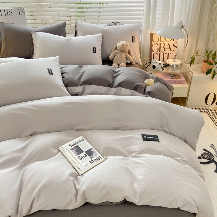 91家纺网 家纺一手货源 找家纺 黑马家居 2024新款双拼全棉四件套 浅灰+高级灰