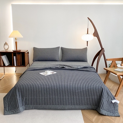 青螺家纺 2024全棉水洗棉双面色织100%新疆棉花夏被三件套四件套枕套床单 支持质检验货 中条深灰