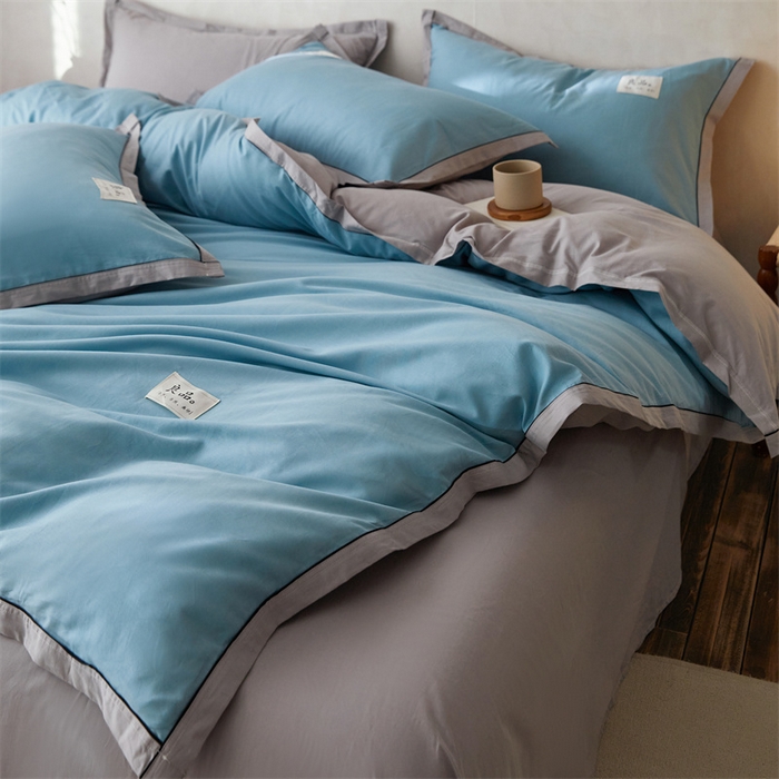 91家纺网 家纺一手货源 找家纺 启程家纺 2024新款全棉A类40支嵌绳包边款四件套 蓝灰