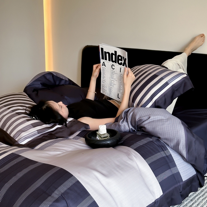 91家纺网 家纺一手货源 找家纺 优悦生活馆 2024新款天丝宽边拼角四件套-商务系列 凯曼蒂-蓝