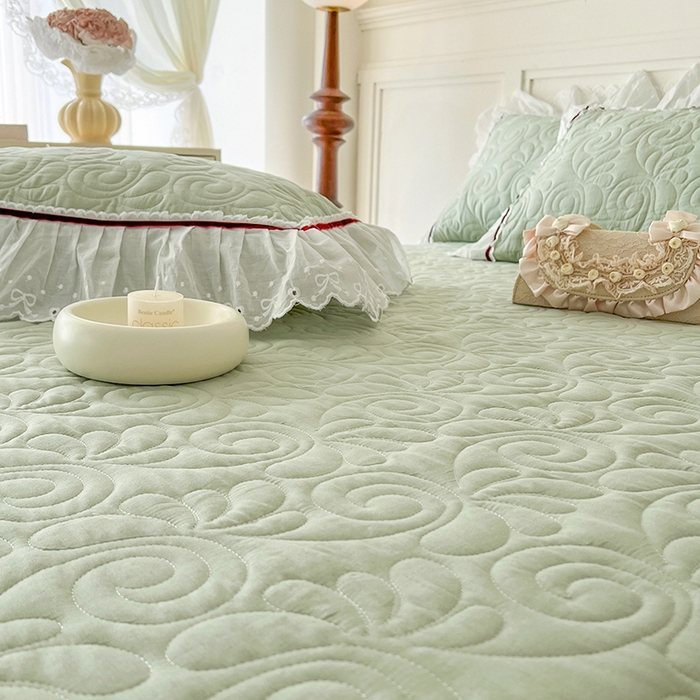 91家纺网 家纺一手货源 找家纺 麒豆豆 2024新款全棉双层纱花边款爱丽丝系列单床裙 豆蔻绿