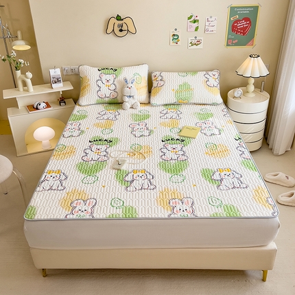 91家纺网 家纺一手货源 找家纺 世纪绒品 2026新款凉感丝印花款乳胶凉席 萌萌兔-绿