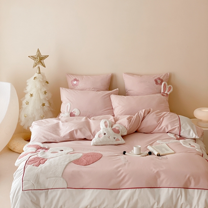 91家纺网 家纺一手货源 找家纺 （总）星野家居 2024春夏新品加厚40s水洗棉贴布绣四件套-抱抱兔