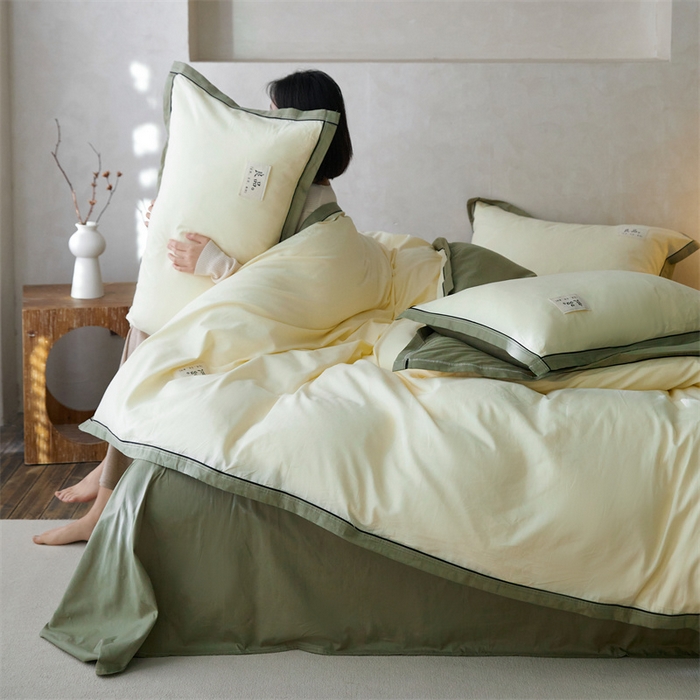 91家纺网 家纺一手货源 找家纺 启程家纺 2024新款全棉A类40支嵌绳包边款四件套 奶黄绿