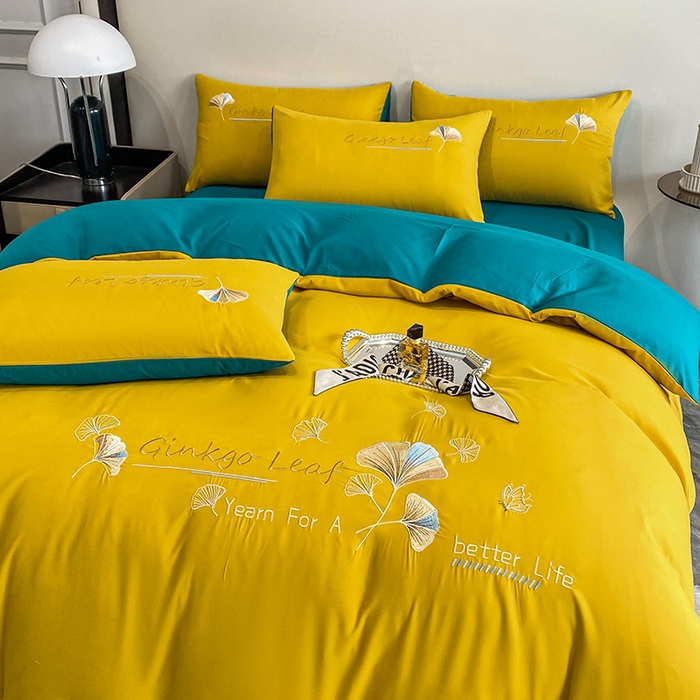 91家纺网 家纺一手货源 找家纺 孟鑫 2025新款水洗磨毛刺绣绣花四件套-三生有杏系列 姜黄