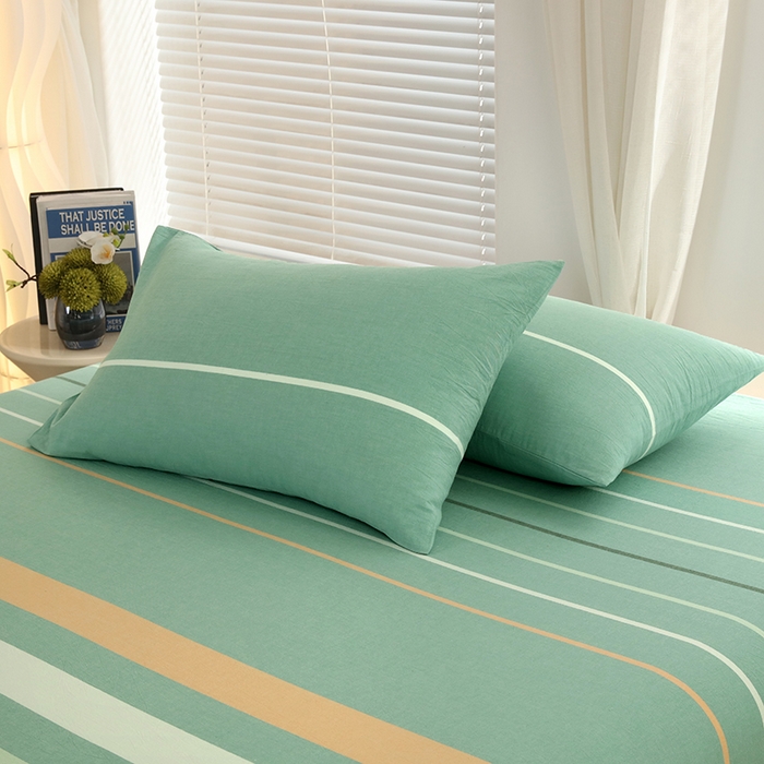 91家纺网 家纺一手货源 找家纺 金纱玉纺家纺 2024新款色织全棉水洗棉四件套 绿桔白条