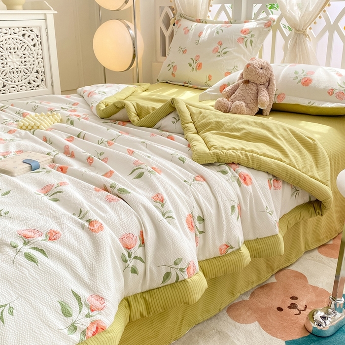 91家纺网 家纺一手货源 找家纺 恋之巢2024新款 泡泡棉印花夏被四件套 花季-绿