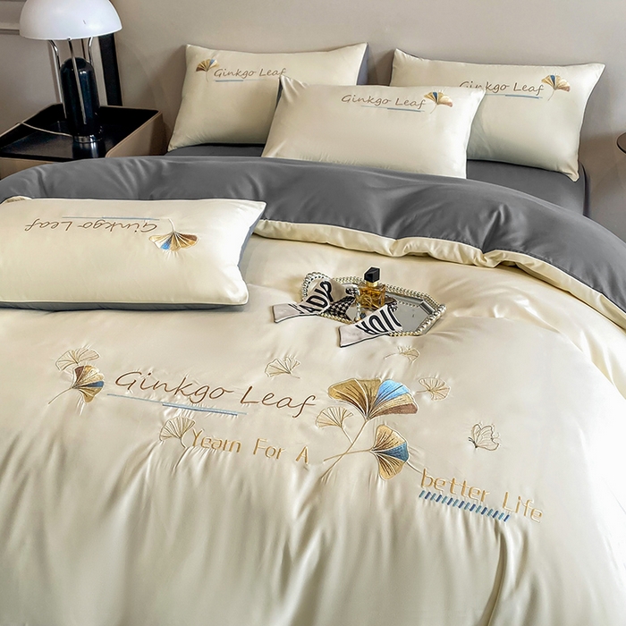 91家纺网 家纺一手货源 找家纺 孟鑫 2025新款水洗磨毛刺绣绣花四件套-三生有杏系列 米白