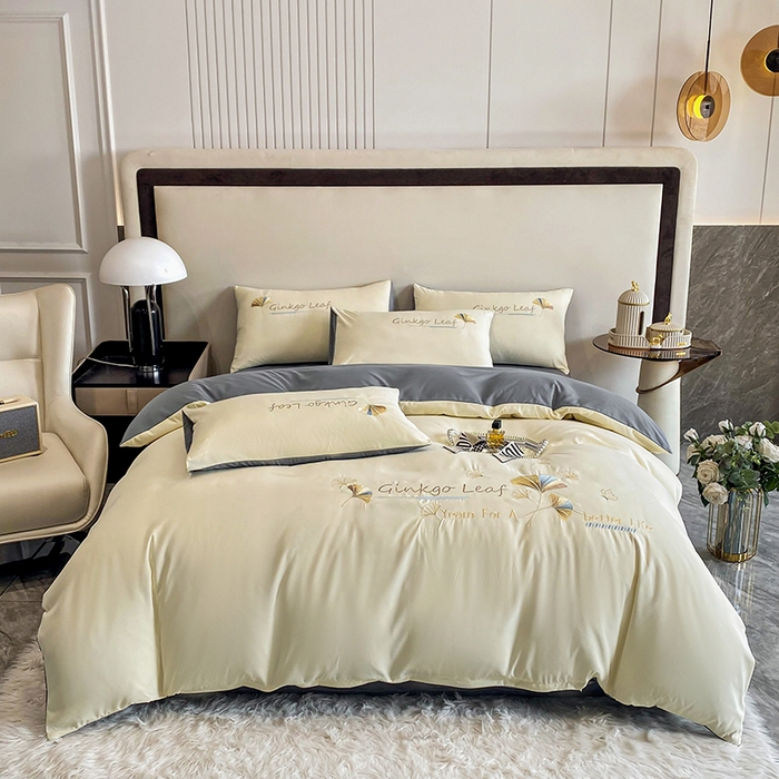 91家纺网 家纺一手货源 找家纺 孟鑫 2025新款水洗磨毛刺绣绣花四件套-三生有杏系列 米白