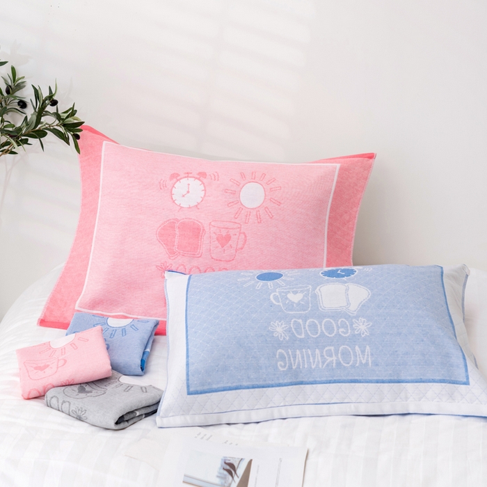 91家纺网 家纺一手货源 找家纺 朴尔家纺-毛巾被 2024新款特惠混纺棉质三层纱布独版AB面枕巾 52*78cm一对 早安灰