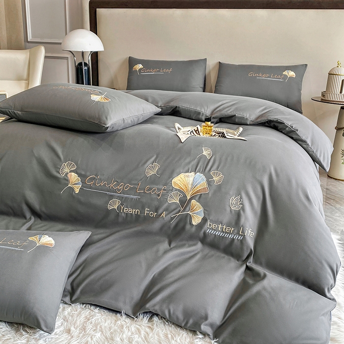 91家纺网 家纺一手货源 找家纺 孟鑫 2025新款水洗磨毛刺绣绣花四件套-三生有杏系列 时尚灰