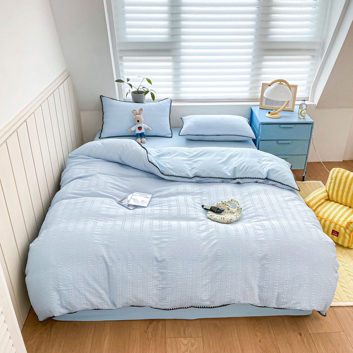 91家纺网 家纺一手货源 找家纺 羋多2024新款贝壳边雨泡泡棉泡泡纱双层纱四件套 天空蓝