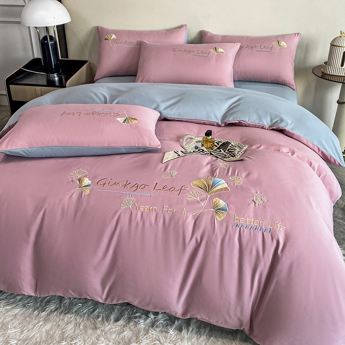 91家纺网 家纺一手货源 找家纺 孟鑫 2025新款水洗磨毛刺绣绣花四件套-三生有杏系列 粉紫