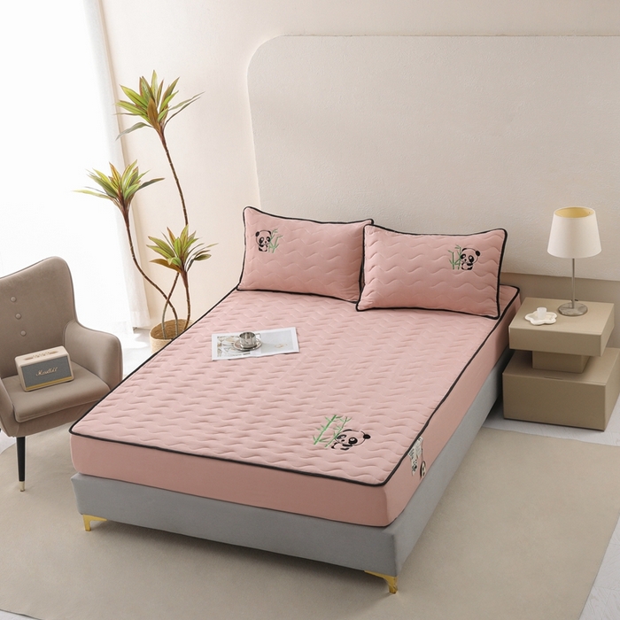 91家纺网 家纺一手货源 找家纺 恒尚居 2024新款熊猫刺绣水洗原棉大豆床笠-四季款 豆沙色