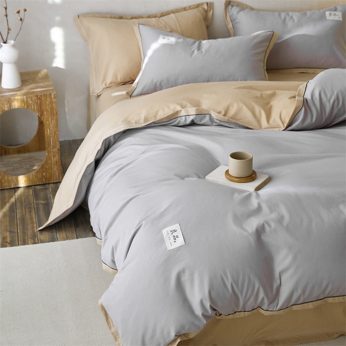 91家纺网 家纺一手货源 找家纺 启程家纺 2024新款全棉A类40支嵌绳包边款四件套 灰卡其