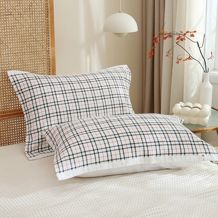 91家纺网 家纺一手货源 找家纺 朴尔家纺 2024新款全棉无印风纱布毛圈加厚色织提花枕巾 毛圈双面枕巾-红格白 52*78cm一对