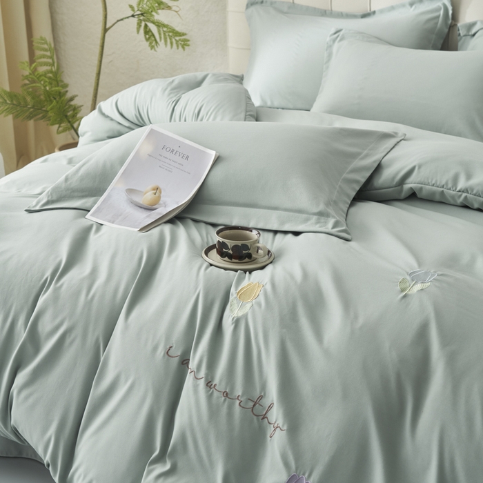 91家纺网 家纺一手货源 找家纺 闲鱼家纺 2025新款A类亲肤刺绣四件套春雅系列 郁金香-豆灰