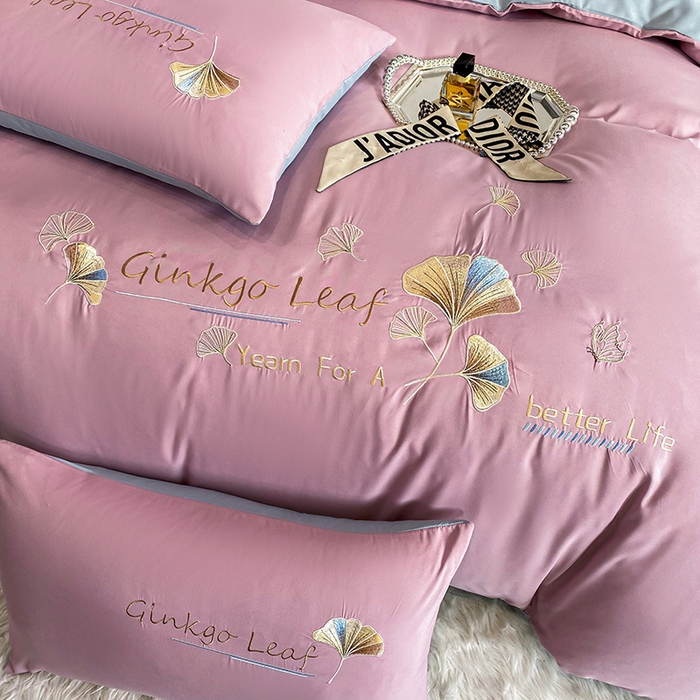 91家纺网 家纺一手货源 找家纺 孟鑫 2025新款水洗磨毛刺绣绣花四件套-三生有杏系列 粉紫