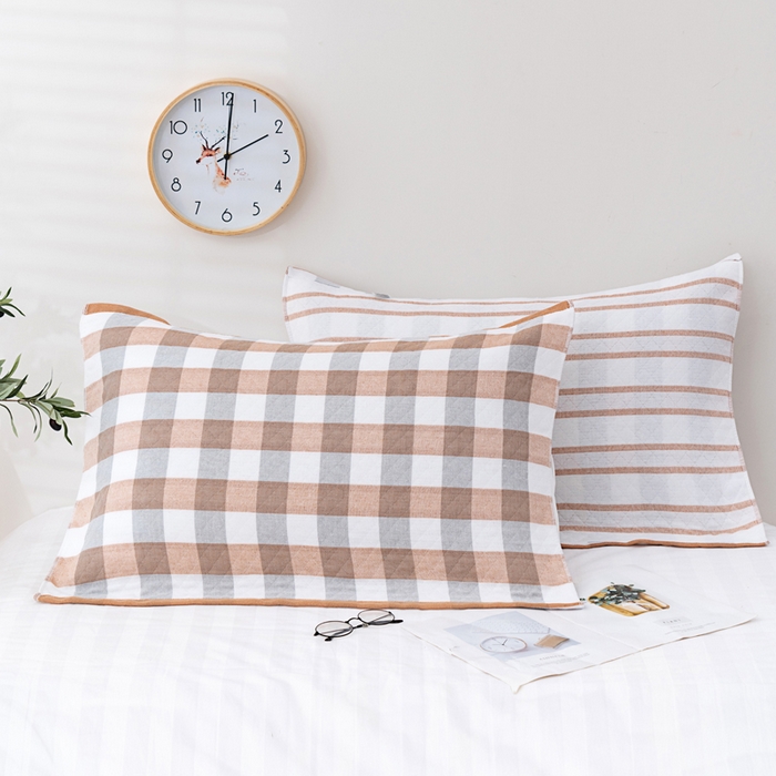 91家纺网 家纺一手货源 找家纺 朴尔家纺-毛巾被 2024新款特惠混纺棉质三层纱布独版AB面枕巾 52*78cm一对 格韵咖啡