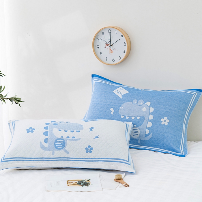 91家纺网 家纺一手货源 找家纺 朴尔家纺-毛巾被 2024新款特惠混纺棉质三层纱布独版AB面枕巾 52*78cm一对 小恐龙兰