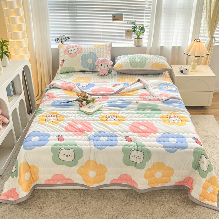 91家纺网 家纺一手货源 找家纺 福来临家纺 2025新款A类凉感丝印花含胶床笠 向阳花