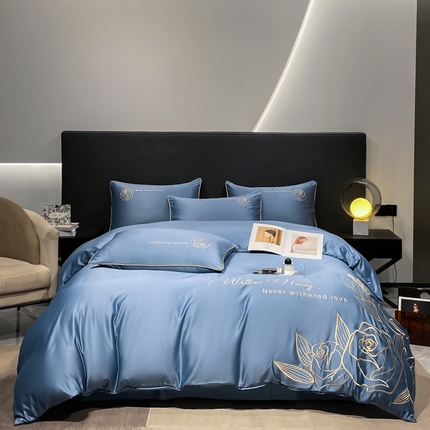 91家纺网 家纺一手货源 找家纺 苏美 2024新款水洗真丝刺绣四件套-花开幸运 花开幸运-繁星蓝