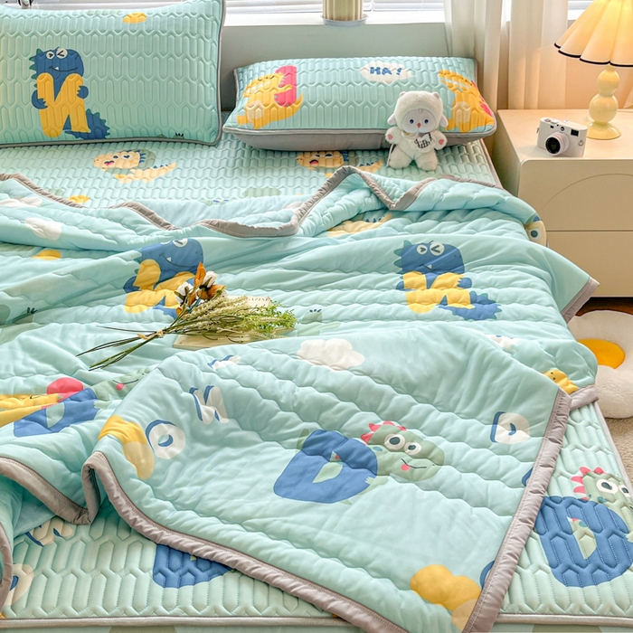 91家纺网 家纺一手货源 找家纺 福来临家纺 2025新款A类凉感丝印花含胶床笠 恐龙乐园