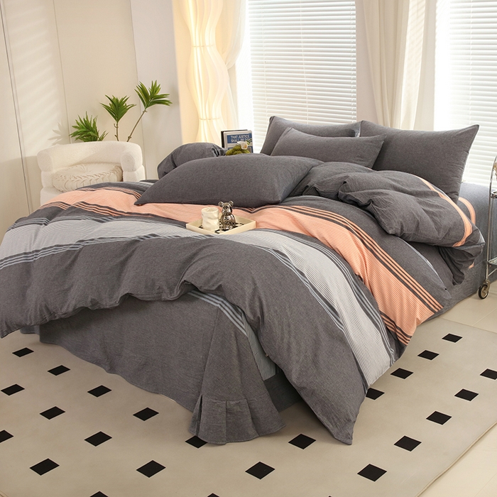 91家纺网 家纺一手货源 找家纺 金纱玉纺家纺 2024新款色织全棉水洗棉四件套 欢乐颂-桔