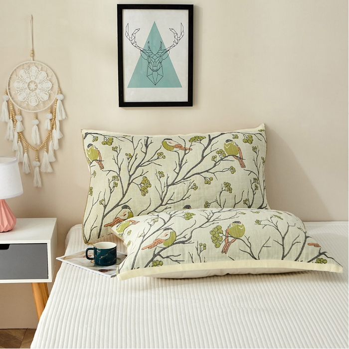 91家纺网 家纺一手货源 找家纺 朴尔家纺-毛巾被 2024新款素雅系列全棉系列四层纱布枕巾 喜登高枝-绿