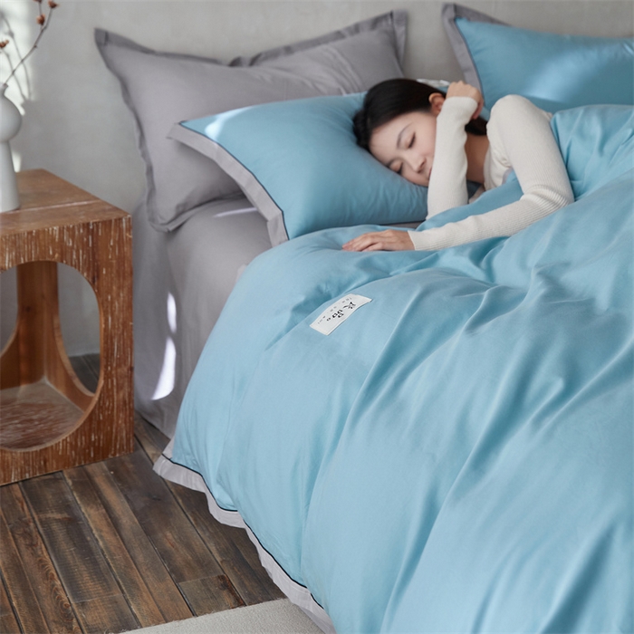 91家纺网 家纺一手货源 找家纺 启程家纺 2024新款全棉A类40支嵌绳包边款四件套 蓝灰