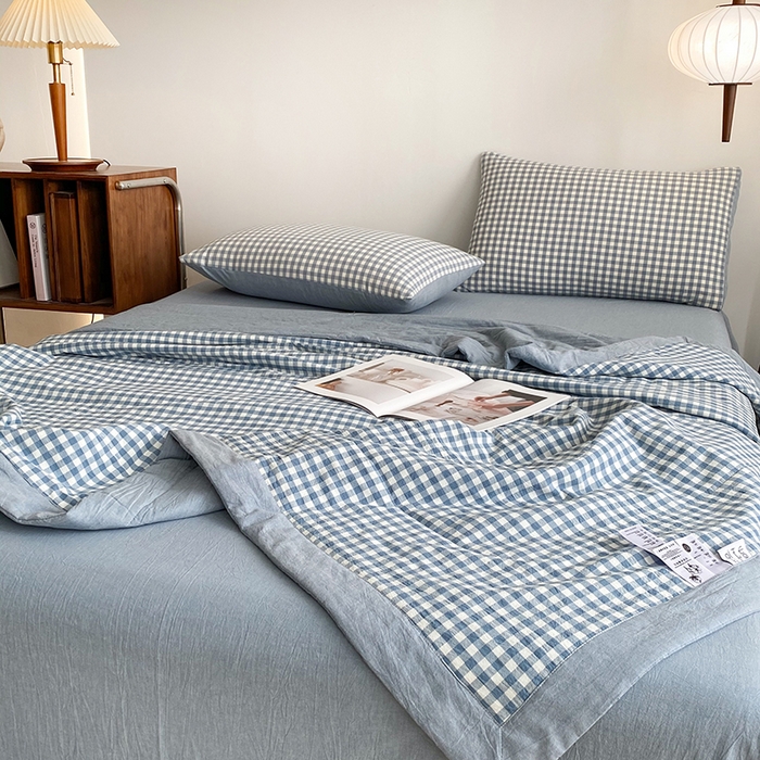 91家纺网 家纺一手货源 找家纺 青螺家纺 2024全棉水洗棉双面色织100%新疆棉花夏被三件套四件套枕套床单 支持质检验货 小兰格