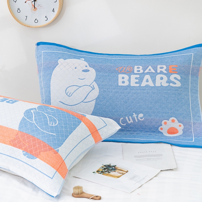 91家纺网 家纺一手货源 找家纺 朴尔家纺-毛巾被 2024新款特惠混纺棉质三层纱布独版AB面枕巾 52*78cm一对 白熊蓝