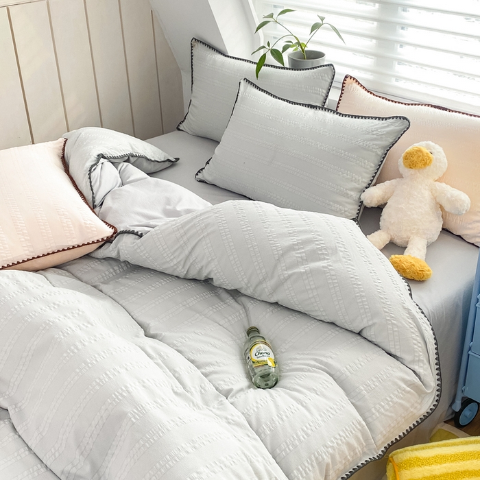 91家纺网 家纺一手货源 找家纺 羋多2024新款贝壳边雨泡泡棉泡泡纱双层纱四件套 雅士灰