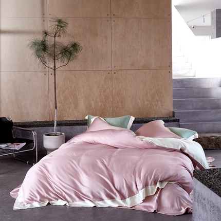 91家纺网 家纺一手货源 找家纺 嘉恋 2024新款东帝兴100支双股正宗超细旦兰精天丝双拼色四件套 嫣粉+米白