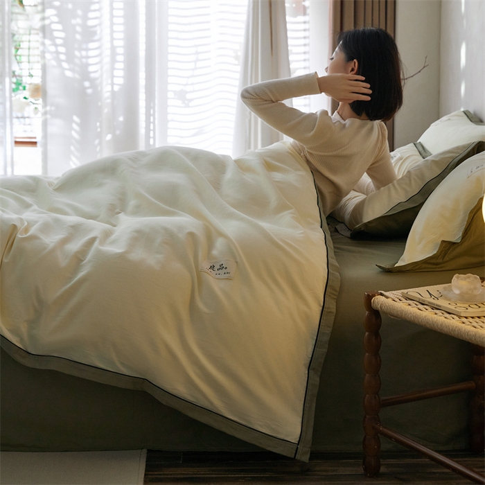 91家纺网 家纺一手货源 找家纺 启程家纺 2024新款全棉A类40支嵌绳包边款四件套 奶黄绿